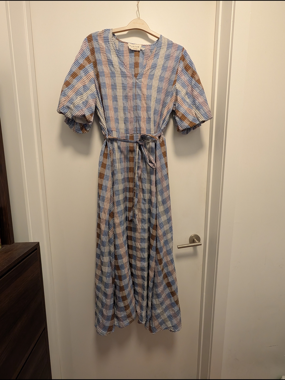 Light Blue and Brown Checked Midi Dress with Tie Waist